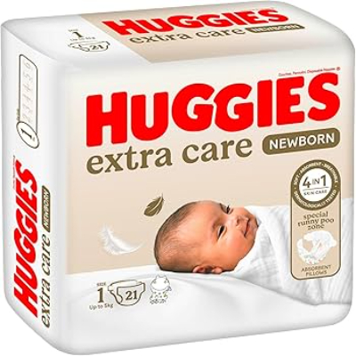 HUGGIES EXTRA CARE NEWBORN BABY DIAPERS SIZE 1 UP TO 5KG, 21 PIECES
