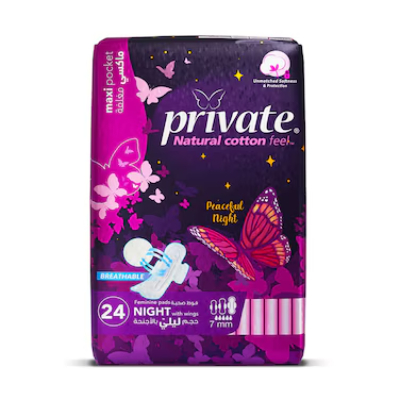 Private Maxi Pocket Night Feminine Pads, 24 Pieces