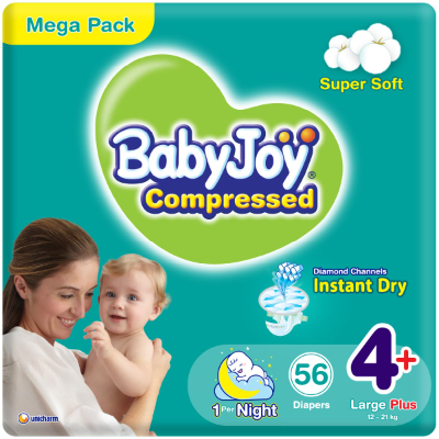 BABYJOY COMPRESSED TAPE DIAPERS, SIZE 4, LARGE, 9-14KG, 56 PANTS