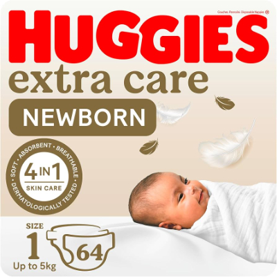 HUGGIES NEW BORN BABY DIAPERS NO.1, 64 PIECES