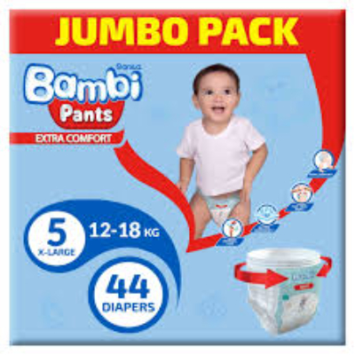 Sanita Bambi Pants Style Diaper Jumbo Pack, Size 5, X Large, 12-18kg, 44 Count