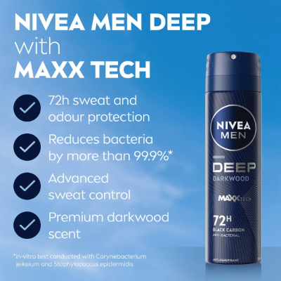 Nivea Men Antiperspirant Deep Black Carbon Dark Wood Scent Deodorant Spray, 150ML