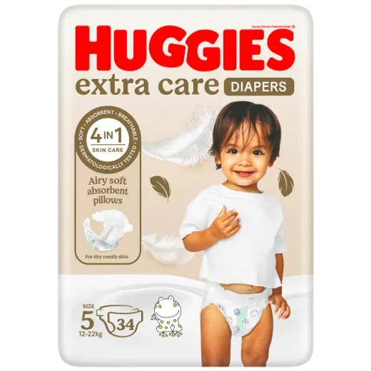 Huggies Extra Care Diapers Size 5 From 12-22 Kg, 34 Pieces