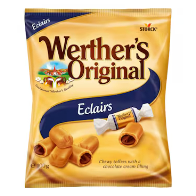 WERTHER'S ORIGINAL ECLAIRS CHOCOLATE CREAM FILLED CHEWY TOFFEE BAG, 100G