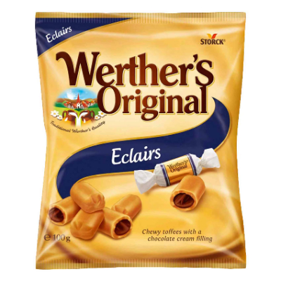 WERTHER'S ORIGINAL SOFT ECLAIRS CHOCOLATE CREAM FILLED CARAMEL TOFFEE BAG, 100G