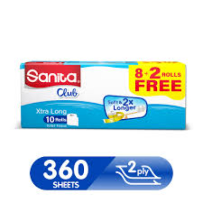 SANITA CLUB 2 PLY TOILET TISSUES, 360 SHEETS, 10 ROLLS