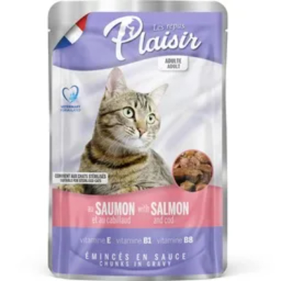 PLAISIR CAT FOOD CHUNKS WITH SALMON & COD IN GRAVY 100 G