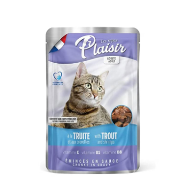 PLAISIR CAT FOOD CHUNKS WITH TROUT & SHRIMPS IN GRAVY 100 G