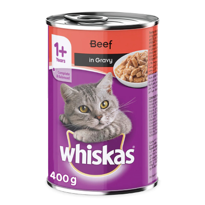 WHISKAS BEEF IN GRAVY WET CAT FOOD CAN, 400G