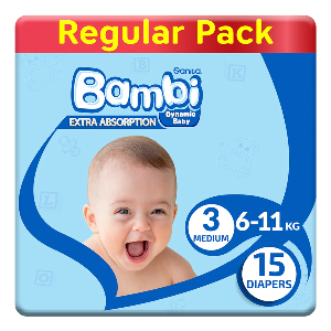SANITA BAMBI BABY DIAPERS REGULAR PACK, SIZE 3, MEDIUM, 6-11KG, 15 COUNT