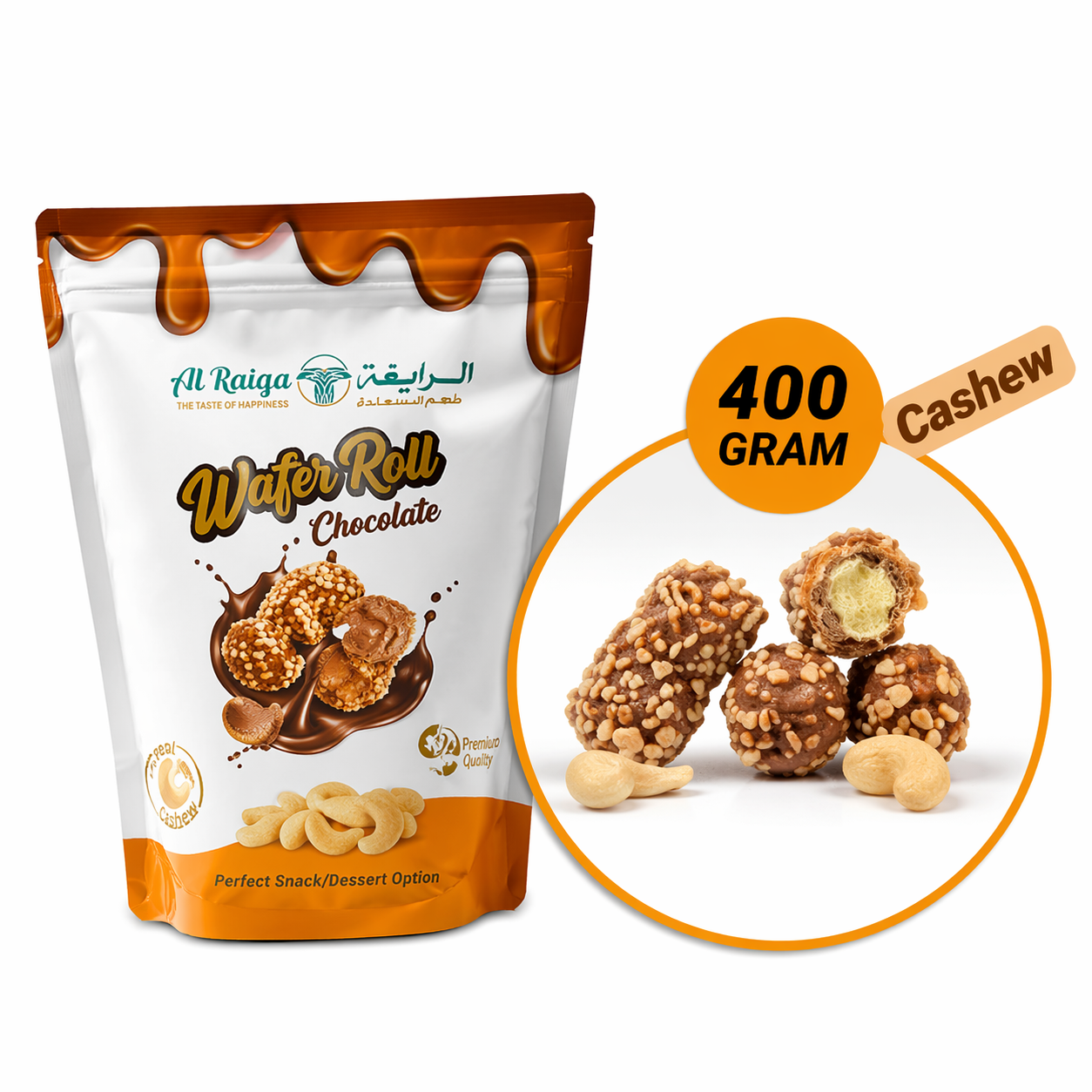 Al Raiqa Dates Wafer Roll Cashew Chocolate 400g