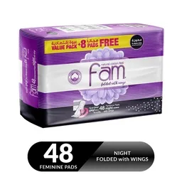 Fam Maxi Folded Night Sanitary Pads With Wings, 48 Pads