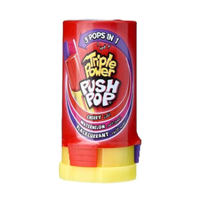 BAZOOKA TRIPLE POWER CHERRY, WATERMELON & BLACKCURRANT FLAVOUR PUSH POP, 34G
