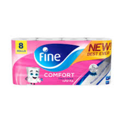 FINE COMFORT TOILET PAPER TISSUE ROLL, STERILIZED TISSUES FOR GERM PROTECTION, 180 SHEETS X 2 PLY, 8 ROLLS