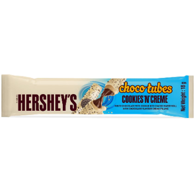HERSHEY'S CHOCO TUBES COOKIES N CREME WAFER ROLL WITH WHITE CHOCOLATE & COOKIE BITS, 18G