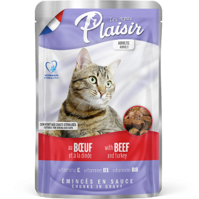 PLAISIR CAT FOOD CHUNKS WITH BEEF & TURKEY IN GRAVY 100 G