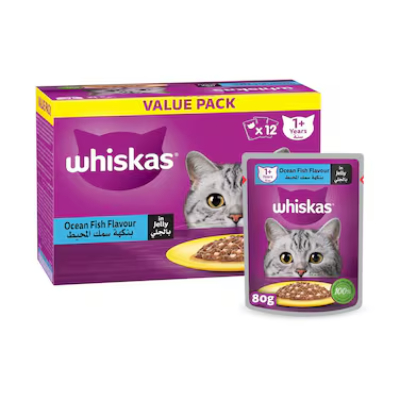 WHISKAS WET CAT FOOD WITH OCEAN FISH JELLY FOR ADULT CATS, PLUS 1 YEARS, 80G